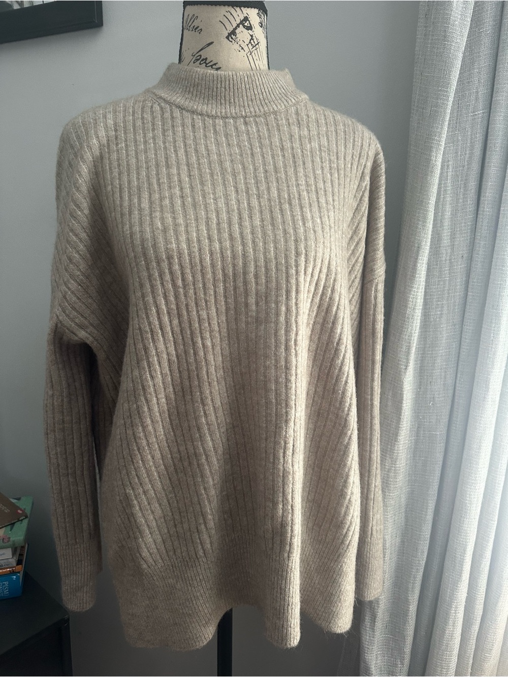 H&M Ribbed Mock Neck Sweater in Light Beige